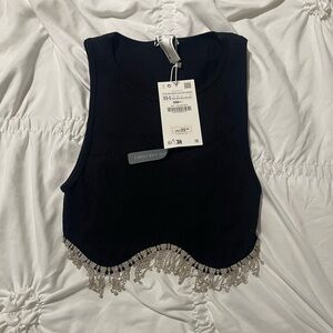 Zara Black Sleeveless Top with Silver Fringe